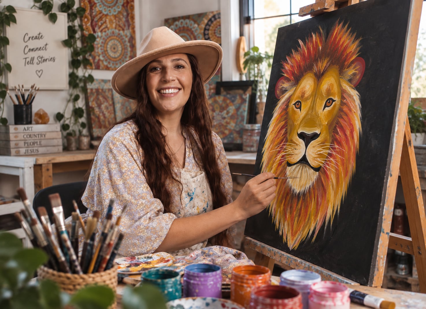 Alison Collins painting in her studio